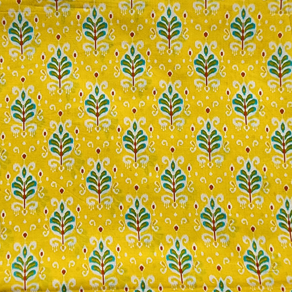 Pure Cotton Screen Print Yellow With Green Leaves Motif  Design Fabric