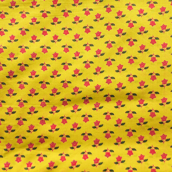 Pure Cotton Screen Print Yellow With Pink Flower Motif Fabric