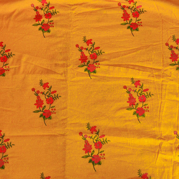 Pure Cotton Screen Print Yellow With Red Flower Motif Fabric