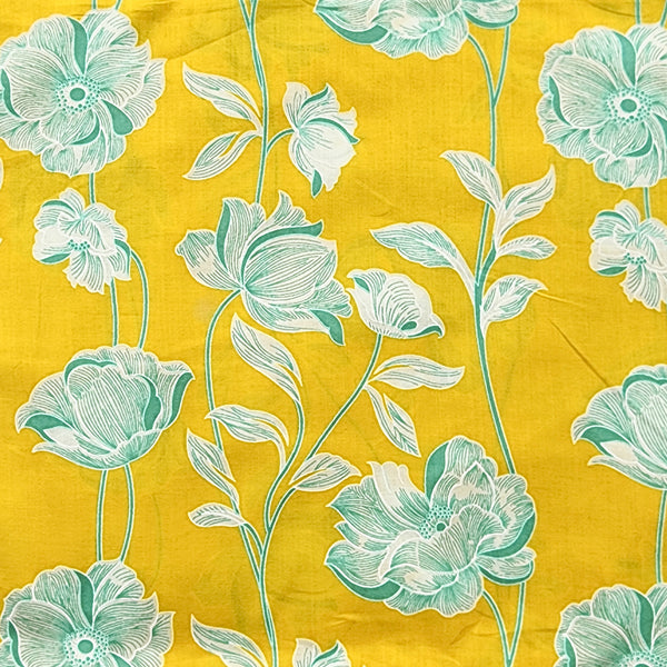 Pure Cotton Screen Print Yellow With White Flower Creeper  Fabric