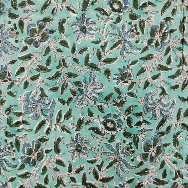 Pure Cotton Sea Green With Dark Green Leaves And Blue Flower Jaal  Jaipuri Hand Block Print Fabric