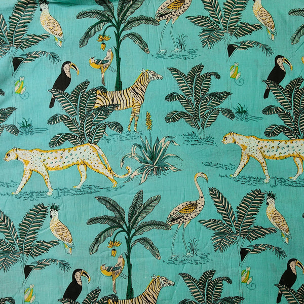 Pure Cotton Sea Green With Jungle Screen Print Fabric