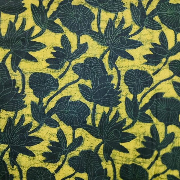 Pure Cotton Special Akola Dabu Dark Green With Lime Yellow Flower Creeper Hand Block Print Fabric