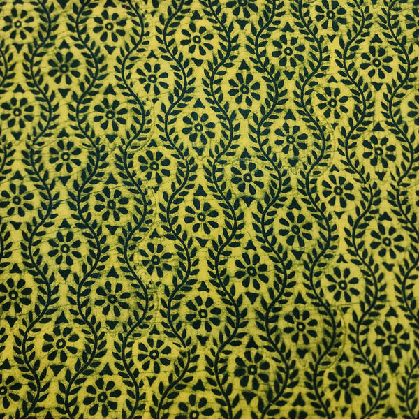 Pure Cotton Special Akola Dabu Dark Green With Lime Yellow Flower Creeper Hand Block Print Fabric