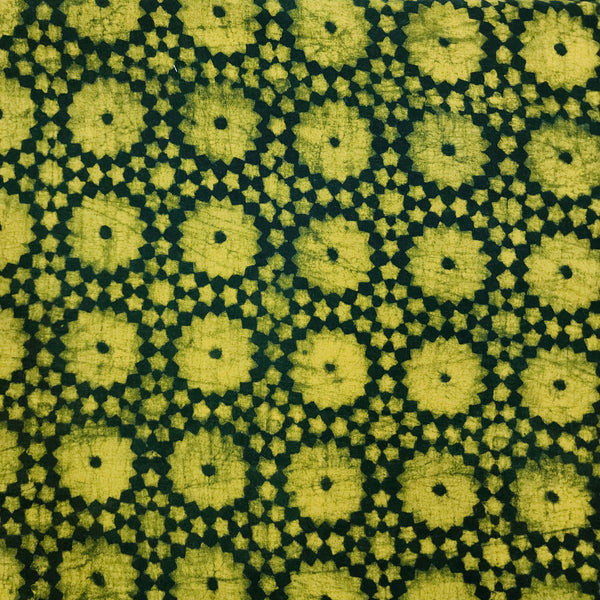 ( Pre-Cut 1.70 Meter ) Pure Cotton Special Akola Dabu Dark Green With Lime Yellow Small And Big Flower Motifs Hand Block Print Fabric