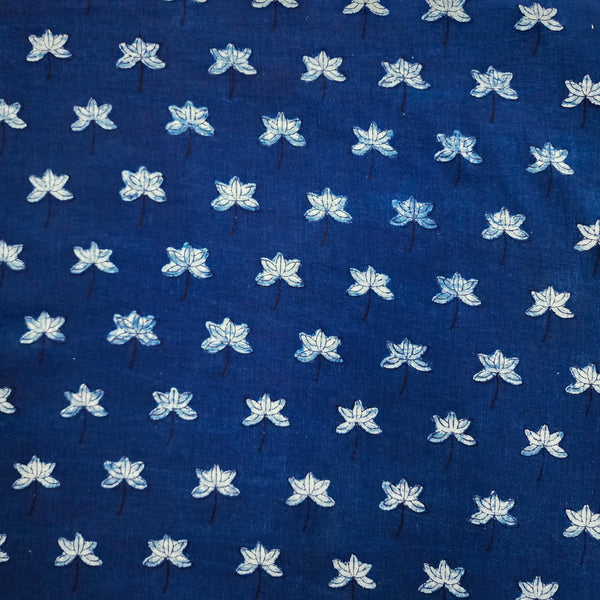 Pure Cotton Special Akola Indigo Lotus Flower Motifs Hand Block Print Fabric