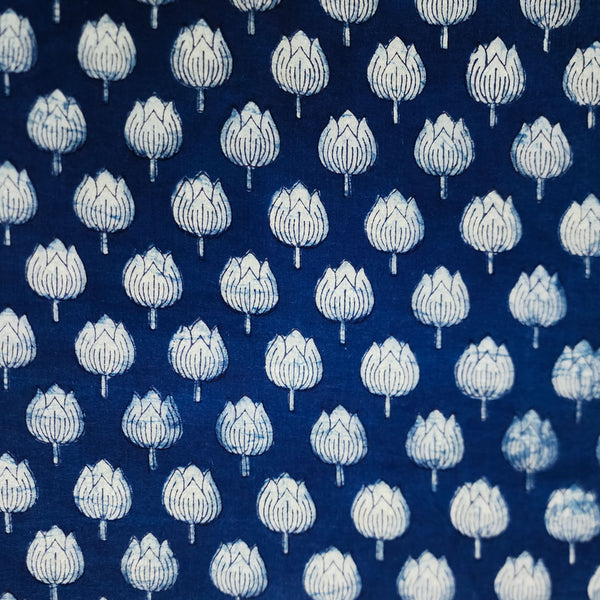 Pure Cotton Special Akola  Indigo White Tulips Motifs Hand Block Print Fabric