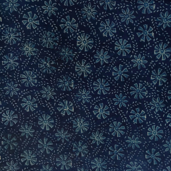 Pre-cut 2 meter Pure Cotton Special Akola Indigo With Light Indigo Flowers And Leafy Twigs Hand Block Print Fabric