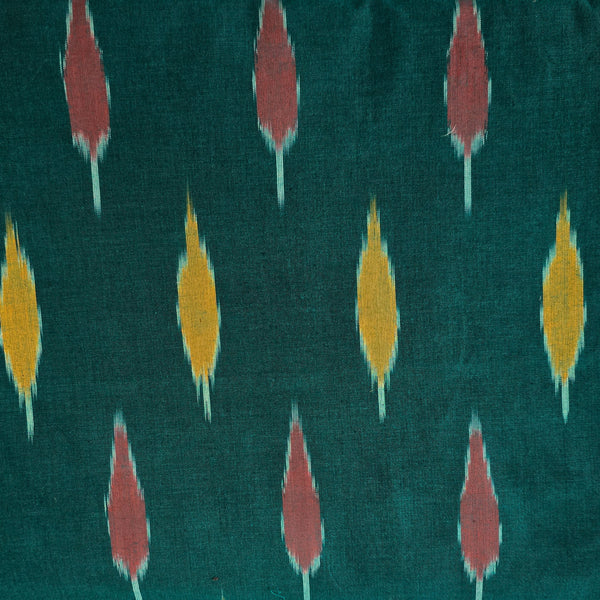 Pure Cotton Special Ikkat Dark Green With Yellow Red Cypress Tree Woven Fabric