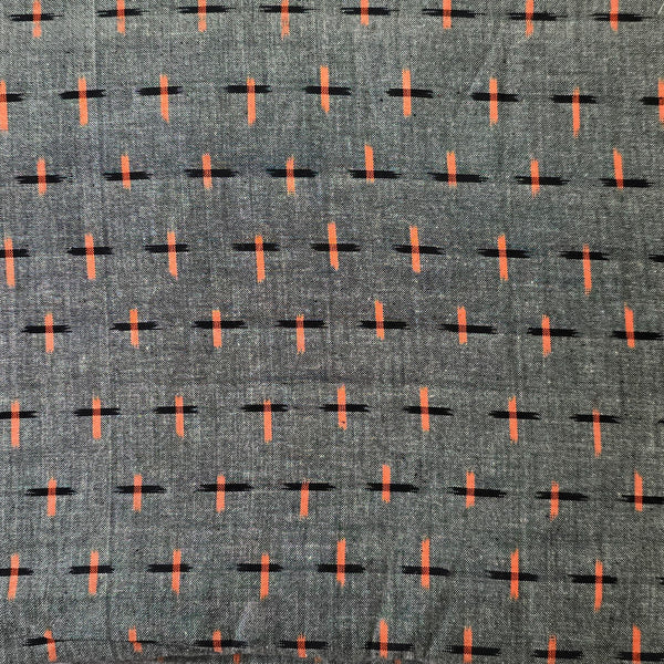 Pure Cotton Special Double Ikkat Grey With Black Orange Plus Weave Motif Woven Fabric