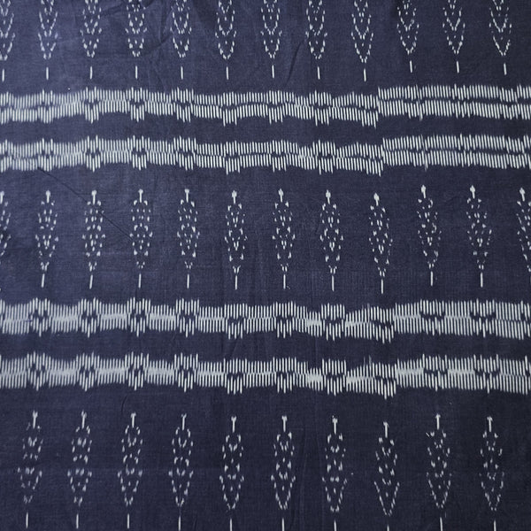 Pure Cotton Special Double Ikkat Navy Blue With White Tree And Horizontal Weaves Woven Fabric