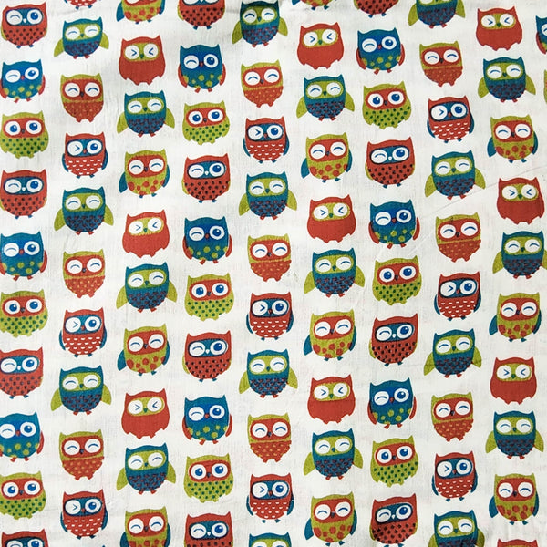 Pure Cotton The Owl Family Rust Green Blue Screen Print Fabric