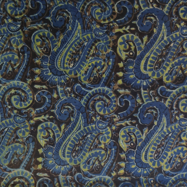 (Pre-Cut 1 Meter)Pure Cotton Vanaspati Black Blue With Kairi Jaal Hand Block Print Fabric