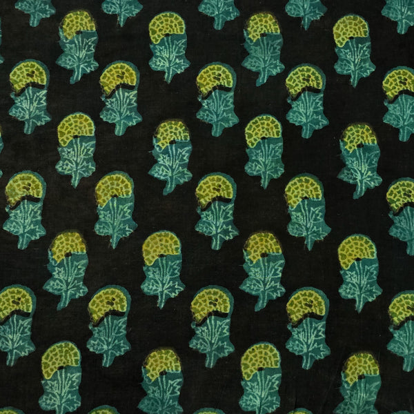 (Pre-Cut 1.70 Meter )Pure Cotton Vanaspati Black With Blue And Green Dahlia Flower Motif Hand Block Print Fabric