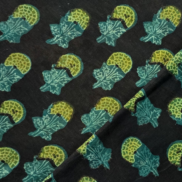 Pure Cotton Vanaspati Black With Blue And Green Dahlia Flower Motif Hand Block Print Fabric