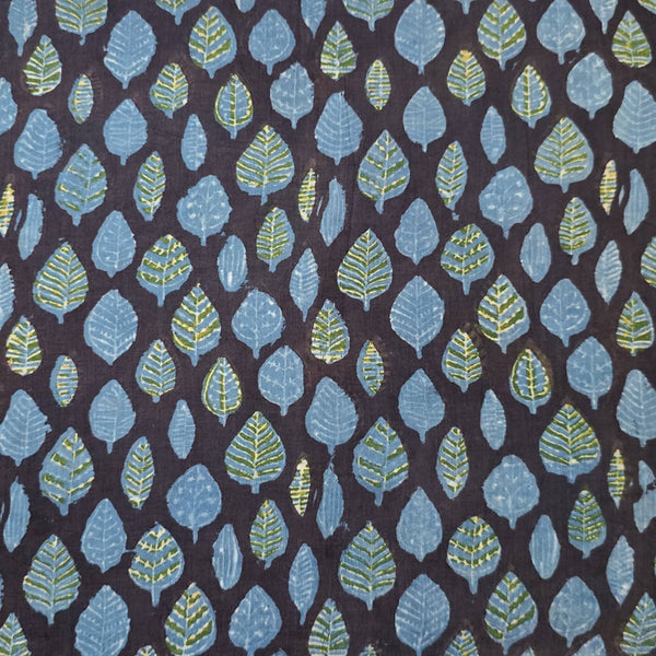 Pure Cotton Vanaspati Black With Blue  Leaves  Motif Hand Block Print Fabric