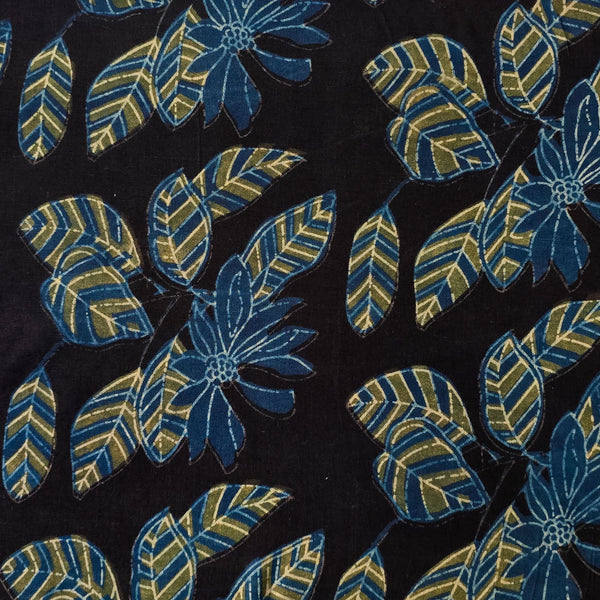 Pure Cotton Vanaspati Black With Blue With Mustard  Big Jungle Flowers Jaal Hand Block Print Fabric