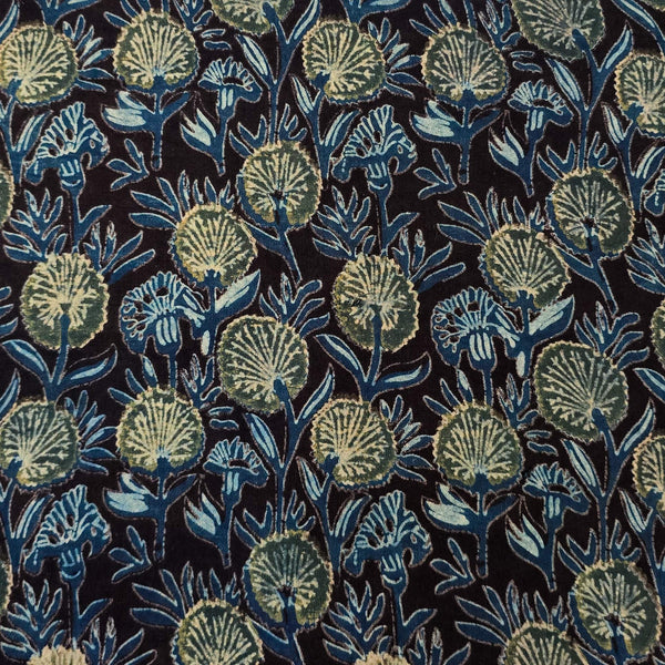 Pure Cotton Vanaspati Black With Blue With Mustard Flowers Jaal Hand Block Print Fabric