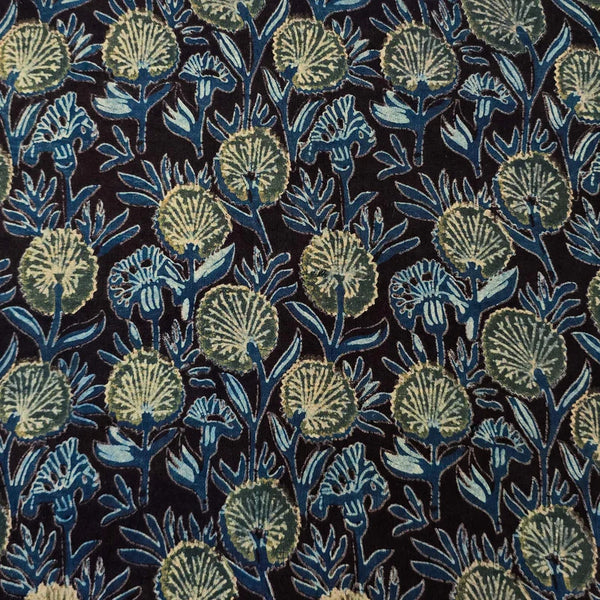 Pre-Cut 1.25 Meter Pure Cotton Vanaspati Black With Blue With Mustard Flowers Jaal Hand Block Print Fabric