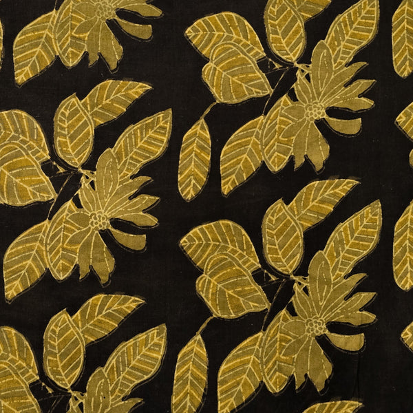 Pure Cotton Vanaspati Black With Mustard  Big Jungle Flowers Jaal Hand Block Print Fabric