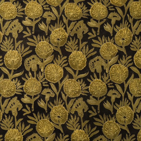 Pure Cotton Vanaspati Black With Mustard Flower Jaal Hand Block Print Fabric