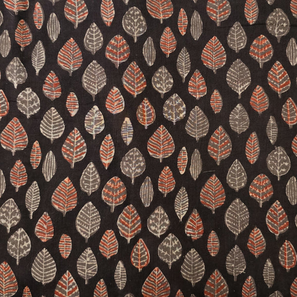 Pure Cotton Vanaspati Black With Red Leaves  Motif Hand Block Print Fabric