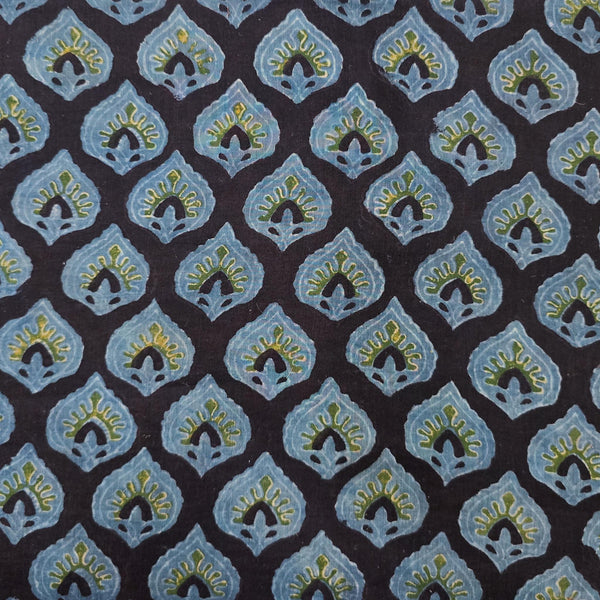 Pure Cotton Vanaspati Black With Rust Blue Flower Bud Motif Hand Block Print Fabric