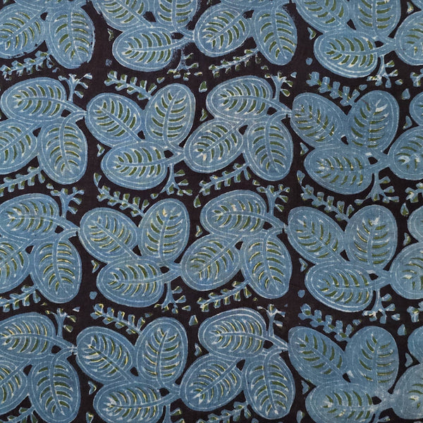 Pure Cotton Vanaspati Black With Rust Blue Leaves Motif Hand Block Print Fabric