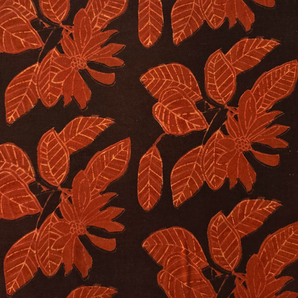 Pure Cotton Vanaspati Black With Rust Red Big Jungle Flowers Jaal Hand Block Print Fabric