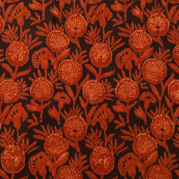 Pure Cotton Vanaspati Black With Rust Red Flowers Jaal Hand Block Print Fabric