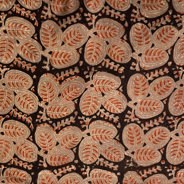 Pure Cotton Vanaspati Black With Rust Red Leaves Motif Hand Block Print Fabric