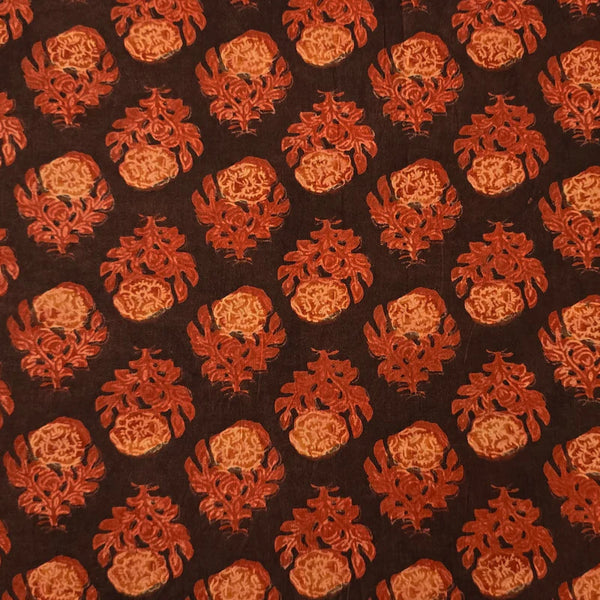 Pre-Cut 1.50 Meter Pure Cotton Vanaspati Black With Rust Red With Mustard Flower Motif Hand Block Print Fabric