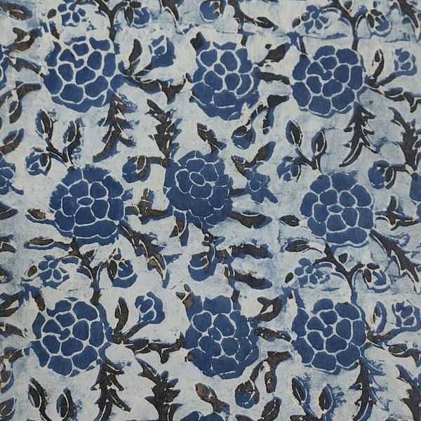 Pure Cotton Vanaspati Blue Rose Jaal Hand Block Print Fabric