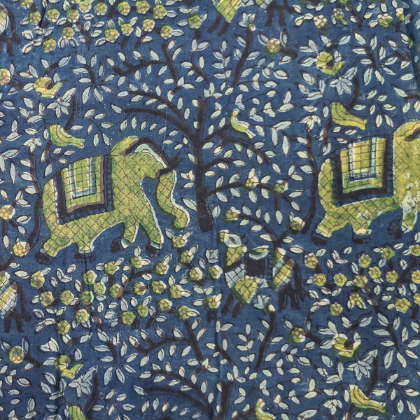 Pure Cotton Vanaspati Blue With Green Elephant Hand Block Print Fabric