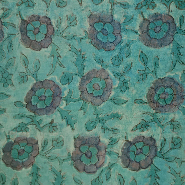 Pure Cotton Vanaspati Blue With Grey Rose Jaal Hand Block Print Fabric