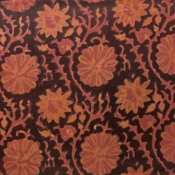 Pre-cut 1.60 meter Pure Cotton Vanaspati Brown Rust With Marrigold Jaal Hand Block Print Fabric