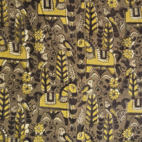 Pre-Cut 1.25 Meter Pure Cotton Vanaspati Brown With Mustard Animal Design  Hand Block Print Fabric