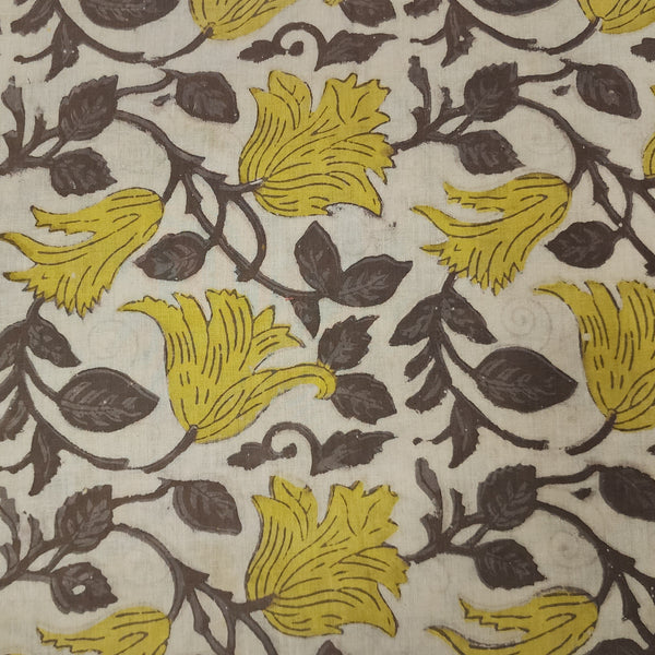 Pure Cotton Vanaspati Cream With Yellow Flower Jaal Hand Block Print Fabric