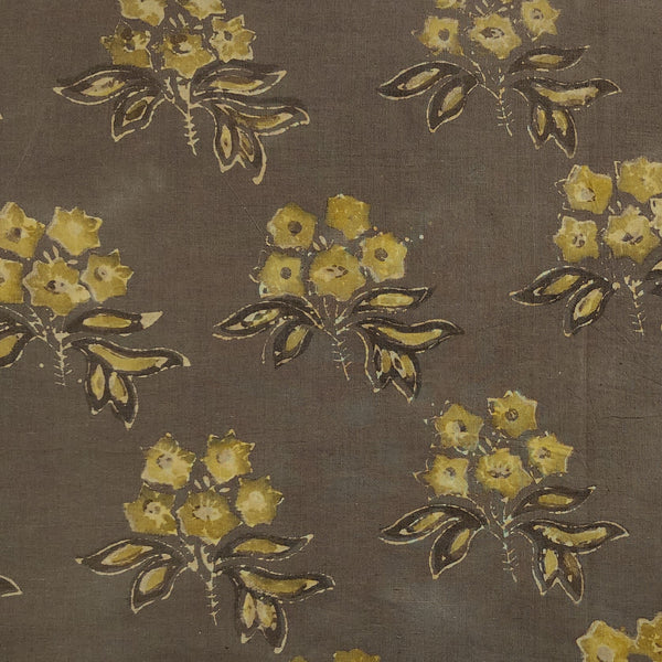 Pure Cotton Vanaspati Dark Grey With Mustard Flower Motif Hand Block Print Fabric