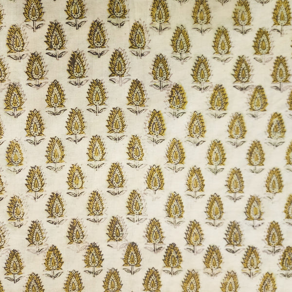 Pure Cotton Vanaspati Lemon Green Small Plant Hand Block Print Fabric