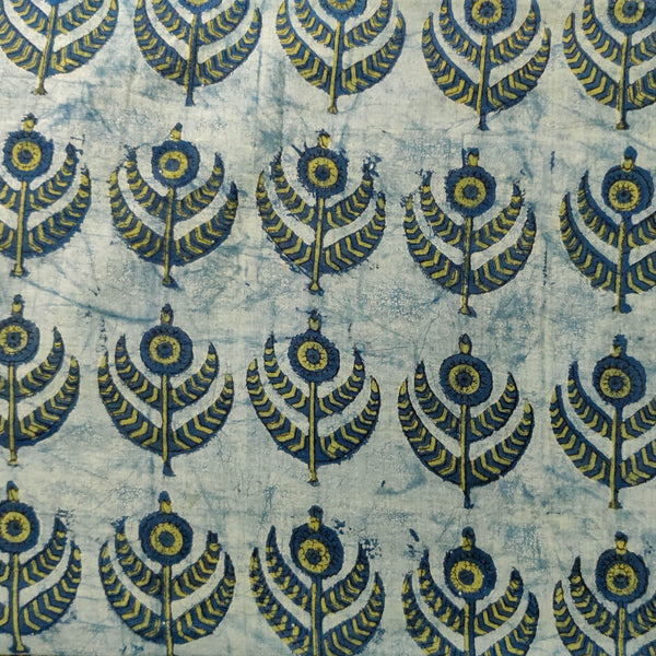 ( Pre-Cut 2.30 Meter ) Pure Cotton Vanaspati Light Bluish With Motifs Hand Block Print Fabric