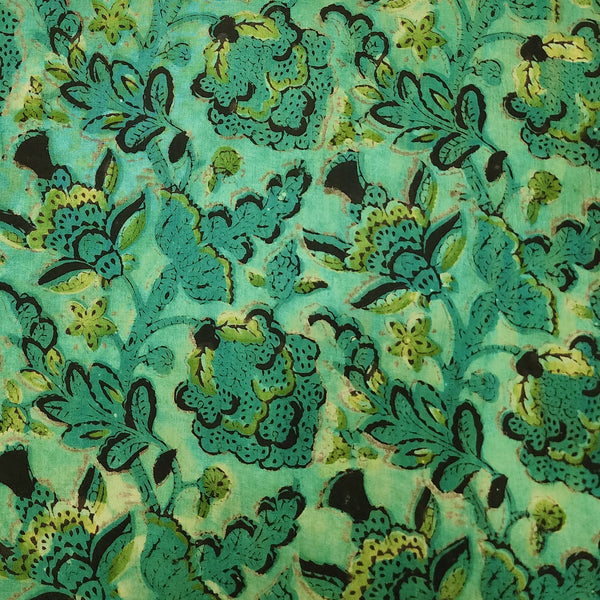 Pure Cotton Vanaspati Mint Green Wild Jungle Flower Hand Block Print Fabric