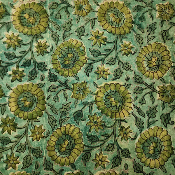 Pure Cotton Vanaspati Mint Green With Light Green Flower Jaal Hand Block Print Fabric