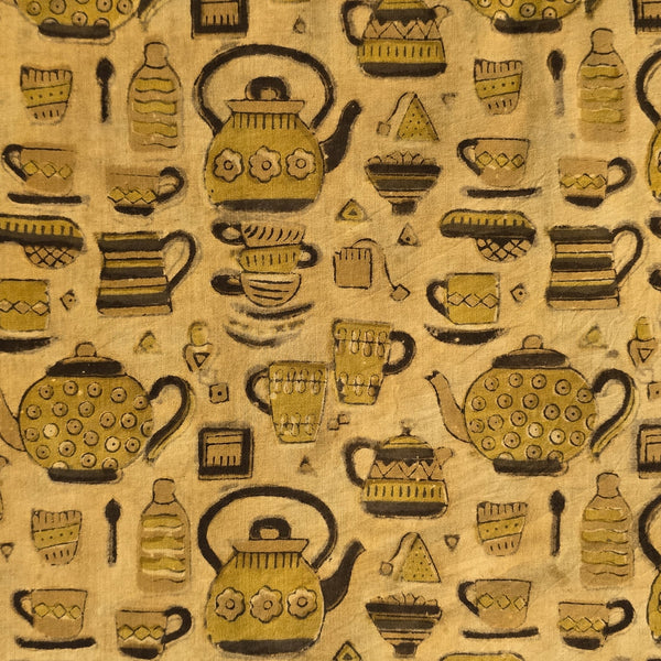 Pure Cotton Vanaspati Mustard  And Brown Tea Pot Motif Hand Block Print Fabric