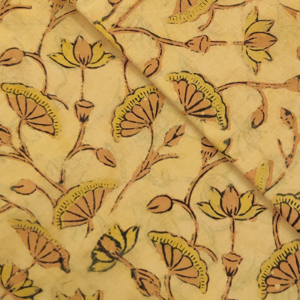 ( Pre-Cut 0.80 Meter ) Pure Cotton Vanaspati Mustard With Lotus Jaal Hand Block Print Fabric