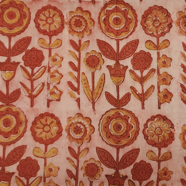 Pure Cotton Vanaspati Orange With Big Flower Motif Hand Block Print Fabric