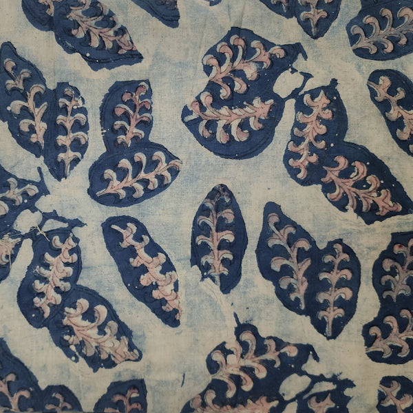 Pure Cotton Vanaspati Rust Blue Leaves Hand Block Print Fabric