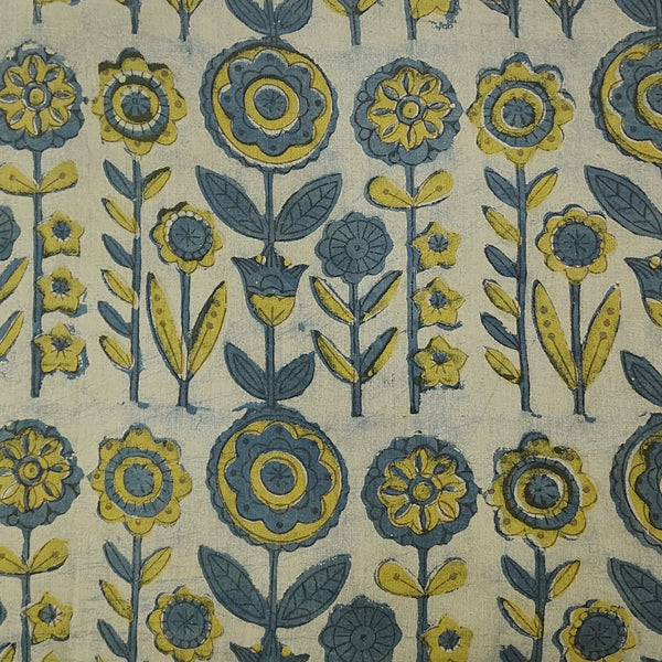 Pure Cotton Vanaspati Rust Blue With Big Flower Motif Hand Block Print Fabric