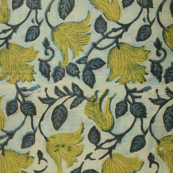 Pure Cotton Vanaspati Rust Blue With Lemon Yellow Flower Jaal Hand Block Print Fabric