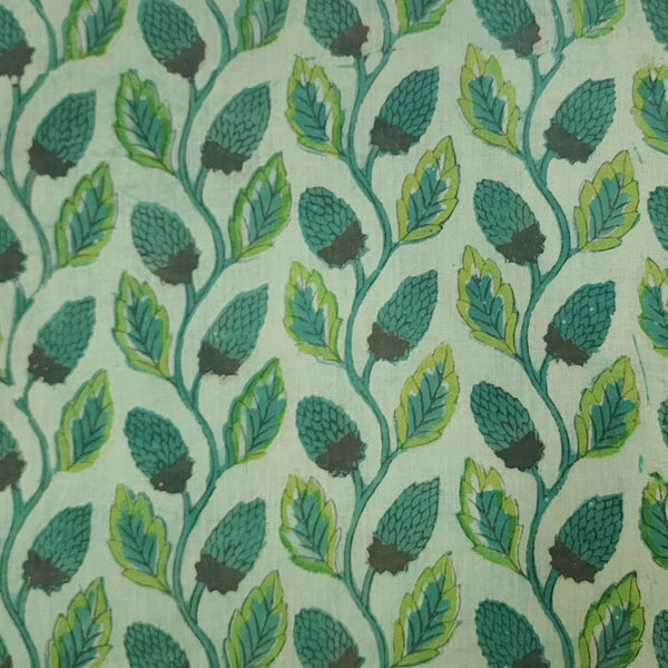 Pure Cotton Vanaspati Rust Green Leaves Creeper Hand Block Print Fabric